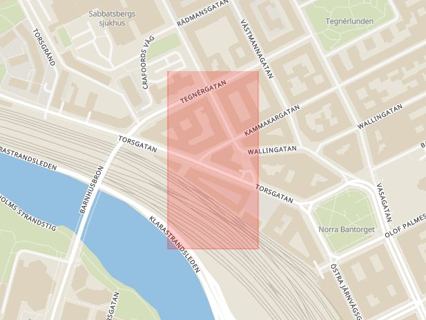 Karta som med röd fyrkant ramar in Norrtullstunneln, Stockholm, Stockholms län