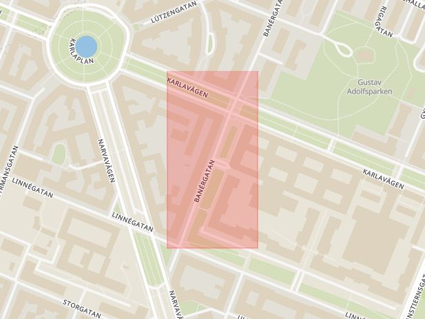 Karta som med röd fyrkant ramar in Östermalm, Garnisonen, Stockholm, Stockholms län