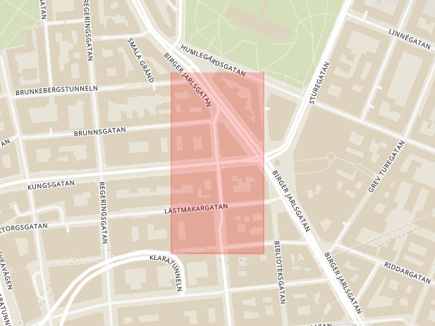 Karta som med röd fyrkant ramar in Kungsgatan, Norrlandsgatan, Stockholm, Stockholms län