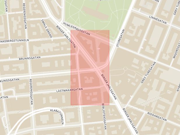 Karta som med röd fyrkant ramar in Kungsgatan, Stureplan, Stockholm, Stockholms län