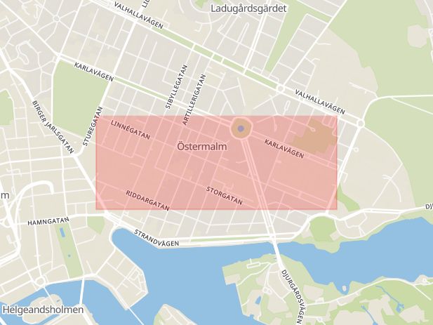 Karta som med röd fyrkant ramar in Linnégatan, Östermalm, Stockholm, Stockholms län