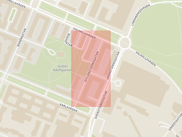 Karta som med röd fyrkant ramar in Gyllenstiernsgatan, Östermalm, Stockholm, Stockholms län