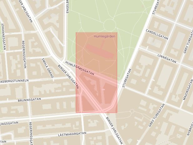 Karta som med röd fyrkant ramar in Humlegården, Stockholm, Stockholms län