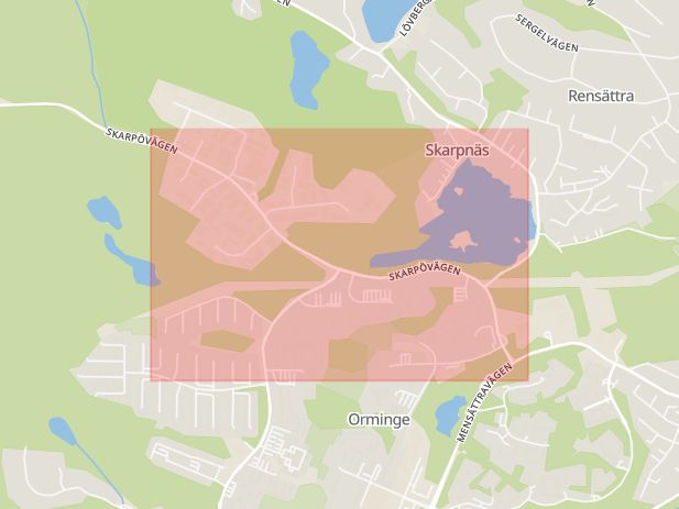 Karta som med röd fyrkant ramar in Skarpövägen, Orminge, Nacka, Stockholms län