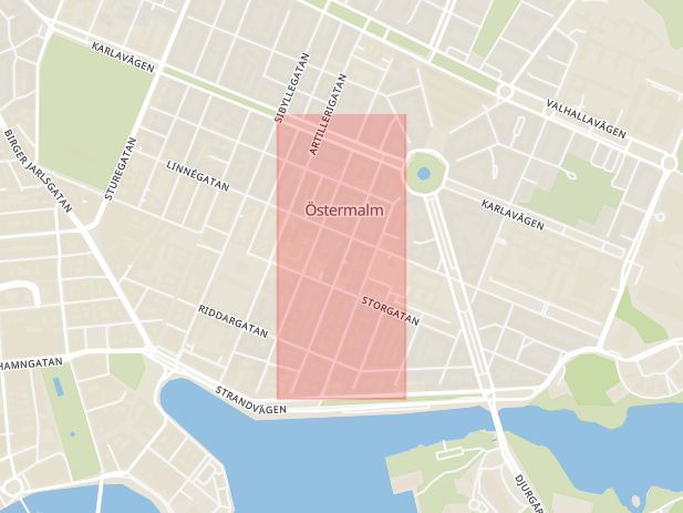 Karta som med röd fyrkant ramar in Grevgatan, Östermalm, Stockholm, Stockholms län
