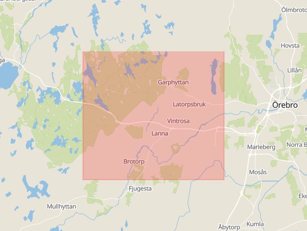 Karta som med röd fyrkant ramar in Vintrosa, Karlskoga, Kumla, Örebro län