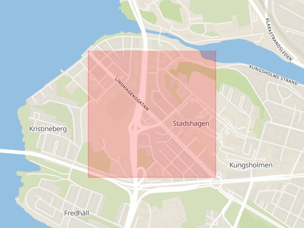 Karta som med röd fyrkant ramar in Stadshagen, Lindhagensgatan, Stockholm, Stockholms län