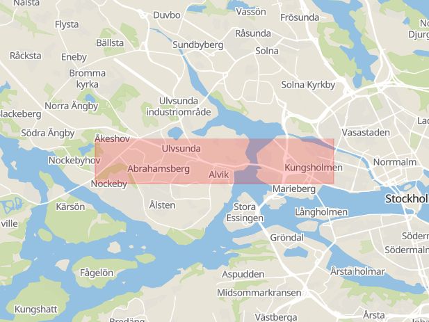 Karta som med röd fyrkant ramar in Drottningholmsvägen, Ekerö, Stockholms län