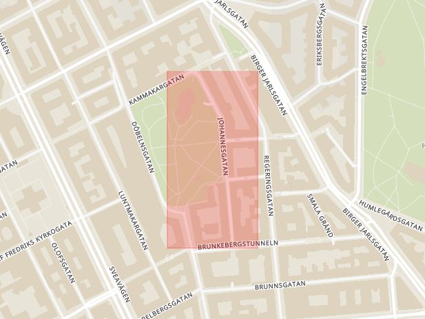 Karta som med röd fyrkant ramar in Johannesgatan, Vasastaden, Stockholm, Stockholms län