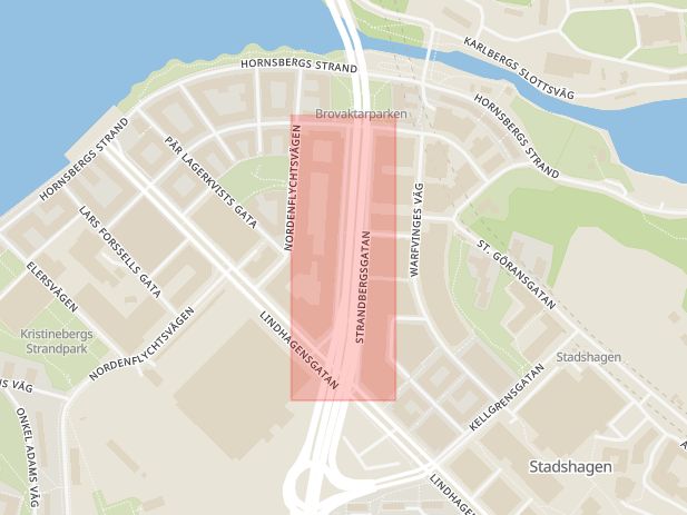 Karta som med röd fyrkant ramar in Strandbergsgatan, Stockholm, Stockholms län