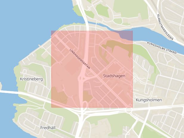 Karta som med röd fyrkant ramar in Kungsholmen, Lindhagensgatan, Stockholm, Stockholms län