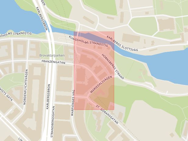 Karta som med röd fyrkant ramar in Stadshagen, Fridhemsplan, Stockholm, Stockholms län