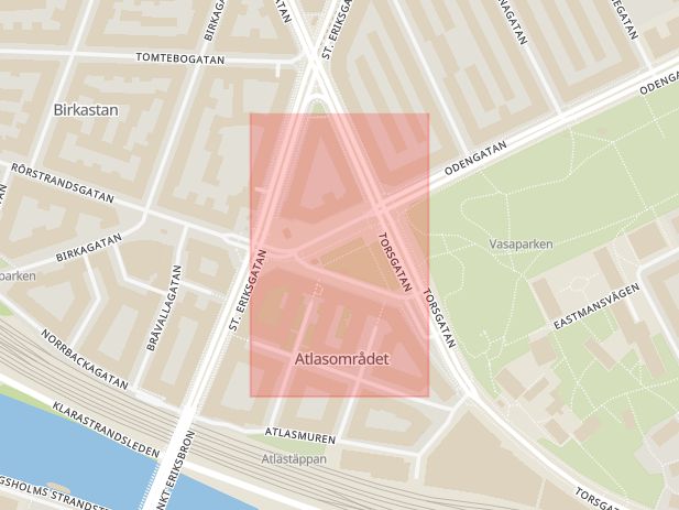 Karta som med röd fyrkant ramar in Vasastaden, Sankt Eriksplan, Stockholm, Stockholms län