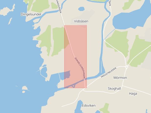 Karta som med röd fyrkant ramar in Dingelsundsvägen, Hammarö, Värmlands län