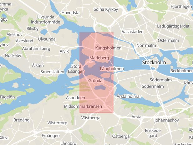 Karta som med röd fyrkant ramar in Essingeleden, Fredhällstunneln, Stockholm, Stockholms län