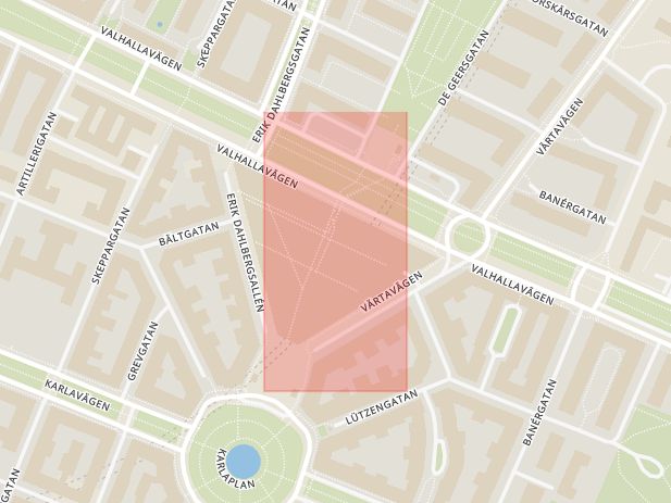 Karta som med röd fyrkant ramar in Östermalm, Fältöversten, Stockholm, Stockholms län