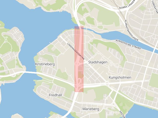 Karta som med röd fyrkant ramar in Essingeleden, Kristineberg, Stockholm, Stockholms län