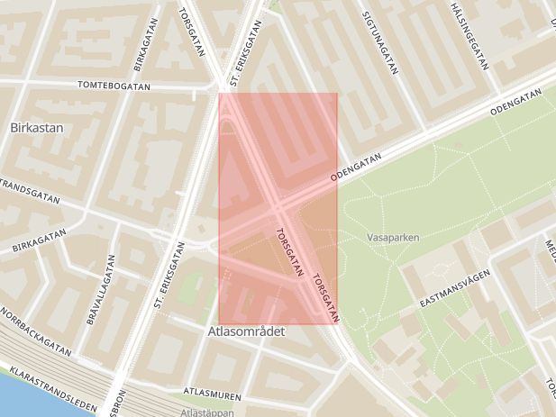 Karta som med röd fyrkant ramar in Odengatan, Torsgatan, Stockholm, Stockholms län