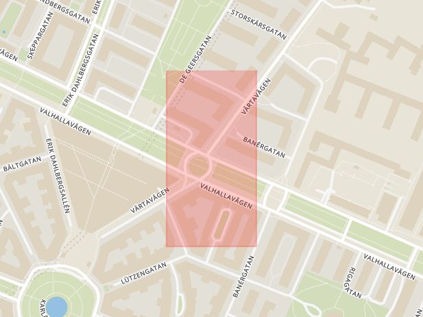 Karta som med röd fyrkant ramar in Östermalm, Värtavägen, Valhallavägen, Stockholm, Stockholms län