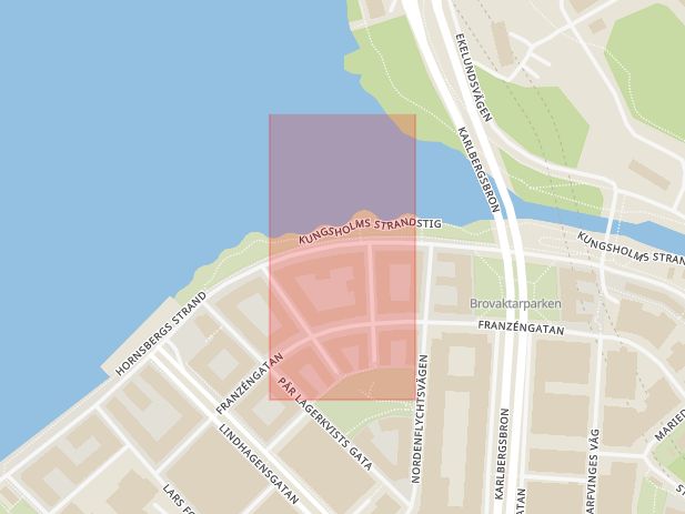 Karta som med röd fyrkant ramar in Hornsberg, Essingeleden, Stockholm, Stockholms län