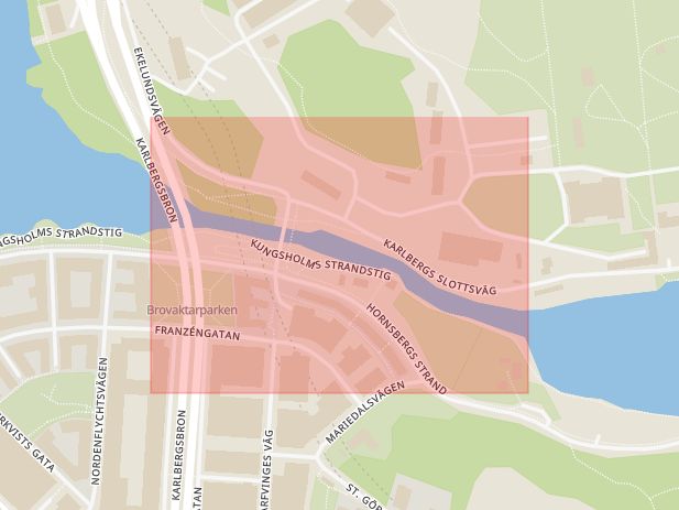 Karta som med röd fyrkant ramar in Karlbergskanalen, Solna, Stockholms län