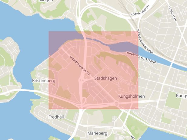 Karta som med röd fyrkant ramar in Stadshagen, Kungsholmen, Stockholm, Stockholms län