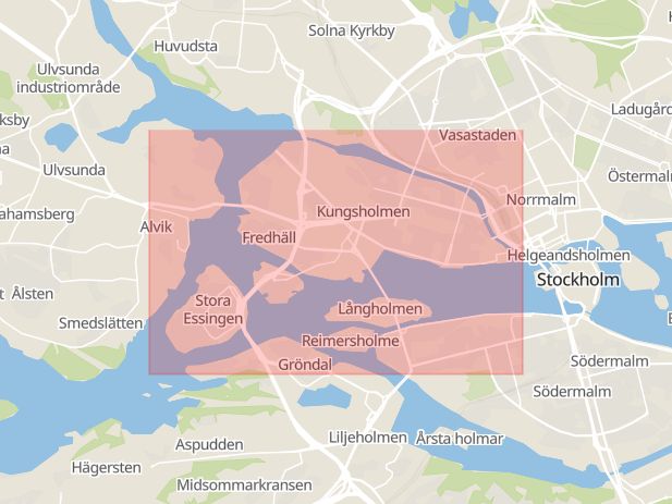 Karta som visar ungefär var händelsen Olaga intrång: Väktare påträffade en obehörig person i en lokal på Kungsholmen, efter att ett larm aktiverats. inträffat