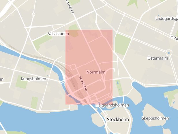 Karta som med röd fyrkant ramar in Norrmalm, Drottninggatan, Stockholm, Stockholms län