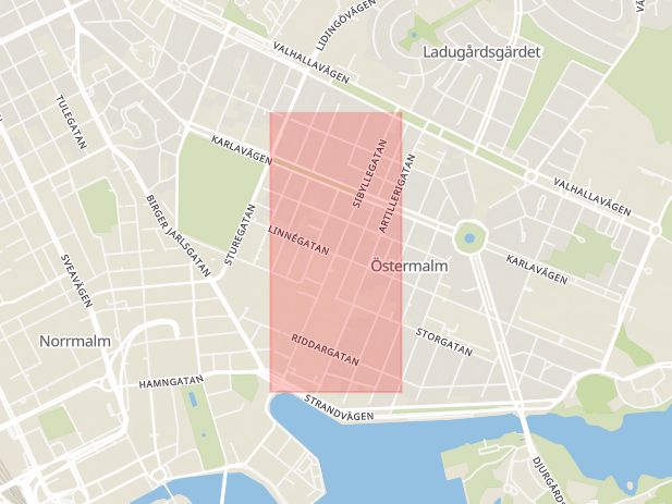 Karta som med röd fyrkant ramar in Sibyllegatan, Stockholm, Stockholms län