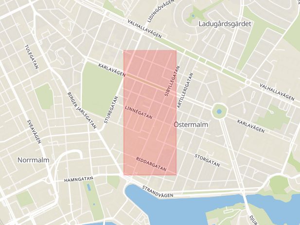 Karta som med röd fyrkant ramar in Nybrogatan, Stockholm, Stockholms län