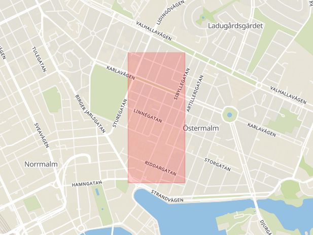 Karta som med röd fyrkant ramar in Östermalm, Nybrogatan, Stockholm, Stockholms län