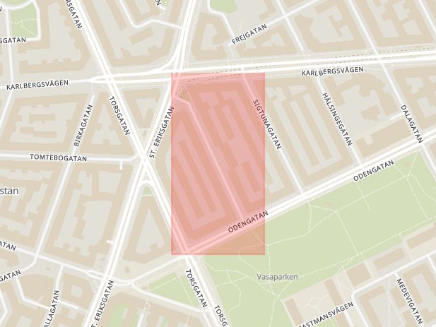 Karta som med röd fyrkant ramar in Vasastaden, Gästrikegatan, Stockholm, Stockholms län