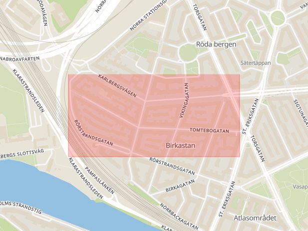 Karta som med röd fyrkant ramar in Tomtebogatan, Stockholm, Stockholms län