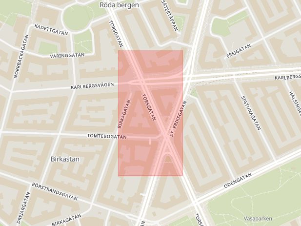 Karta som med röd fyrkant ramar in Vasastan, Torsgatan, Sankt Eriksplan, Stockholm, Stockholms län