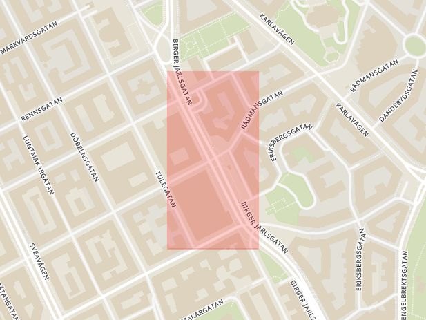 Karta som med röd fyrkant ramar in Östermalm, Birger Jarlsgatan, Rådmansgatan, Stockholm, Stockholms län