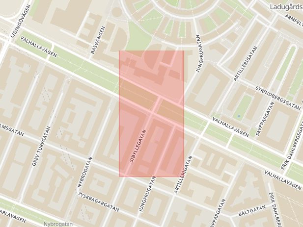 Karta som med röd fyrkant ramar in Östermalm, Sibyllegatan, Valhallavägen, Östermalmsgatan, Stockholm, Stockholms län