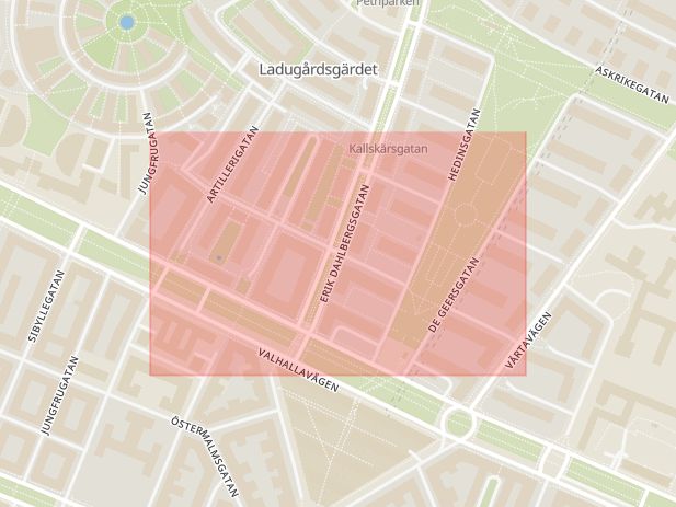 Karta som med röd fyrkant ramar in Gärdet, Strindbergsgatan, Stockholm, Stockholms län