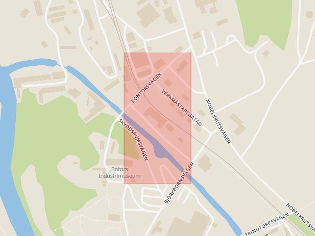 Karta som med röd fyrkant ramar in Bofors, Bofors Industriområde, Karlskoga, Örebro län