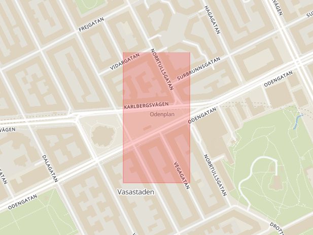 Karta som med röd fyrkant ramar in Vasastaden, Odenplan, Stockholm, Stockholms län