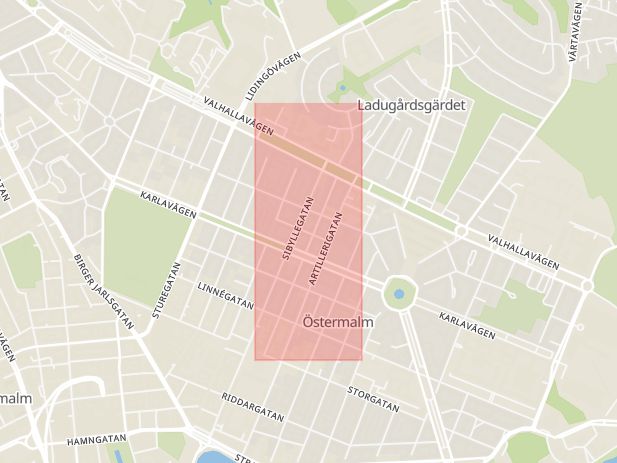 Karta som med röd fyrkant ramar in Östermalm, Jungfrugatan, Stockholm, Stockholms län