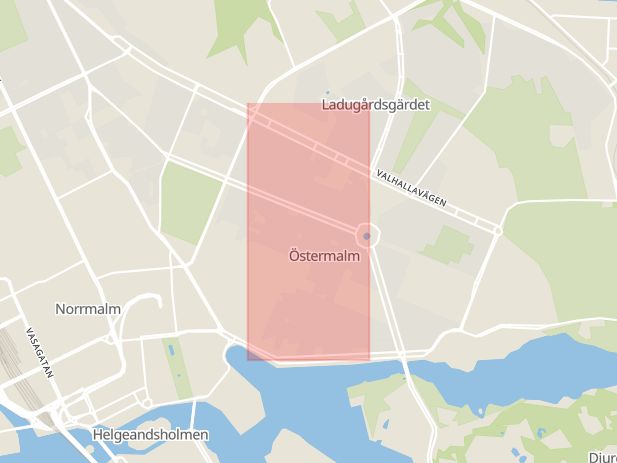 Karta som med röd fyrkant ramar in Östermalm, Artillerigatan, Stockholm, Stockholms län