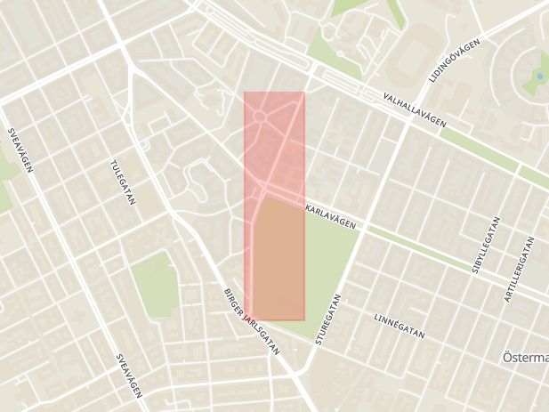 Karta som med röd fyrkant ramar in Östermalm, Eriksbergsgatan, Engelbrektsgatan, Stockholm, Stockholms län