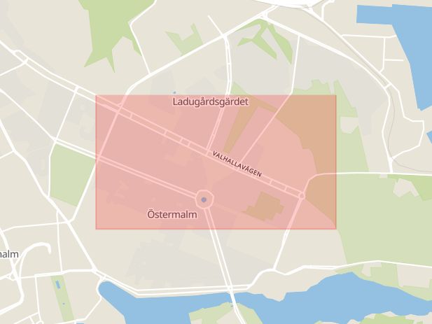 Karta som med röd fyrkant ramar in Gärdet, Valhallavägen, Stockholm, Stockholms län
