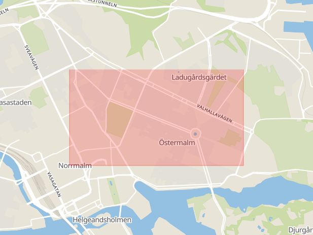 Karta som med röd fyrkant ramar in Östermalm, Karlavägen, Stockholm, Stockholms län