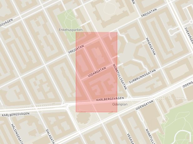 Karta som med röd fyrkant ramar in Heimdalsgatan, Vidargatan, Frejgatan, Stockholm, Stockholms län