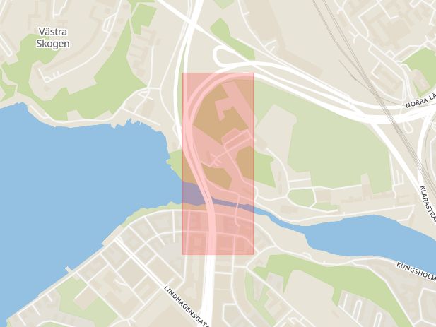 Karta som med röd fyrkant ramar in Essingeleden, Solna, Stockholms län