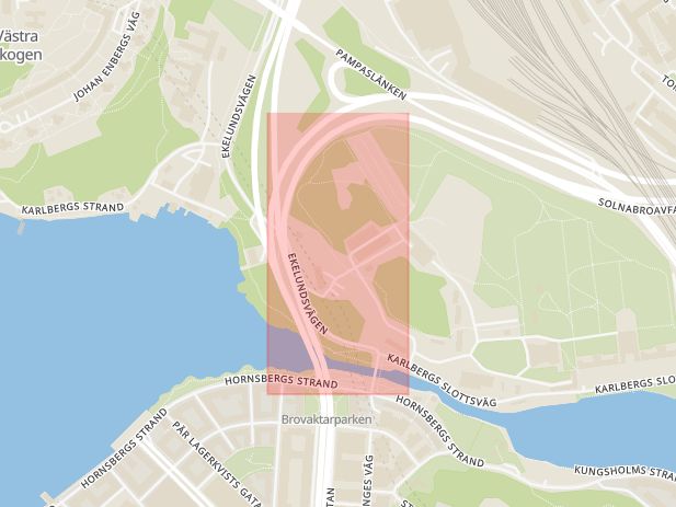 Karta som med röd fyrkant ramar in Pampaslänken, Essingeleden, Solna, Stockholms län
