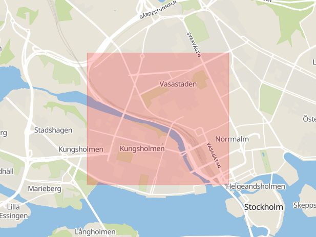 Karta som med röd fyrkant ramar in Klarastrandsleden, Pampaslänken, Stockholm, Stockholms län