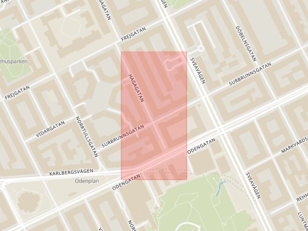 Karta som med röd fyrkant ramar in Odengatan, Hagagatan, Stockholm, Stockholms län