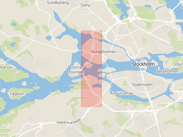 Karta som med röd fyrkant ramar in Essingeleden, Årsta, Stockholm, Stockholms län